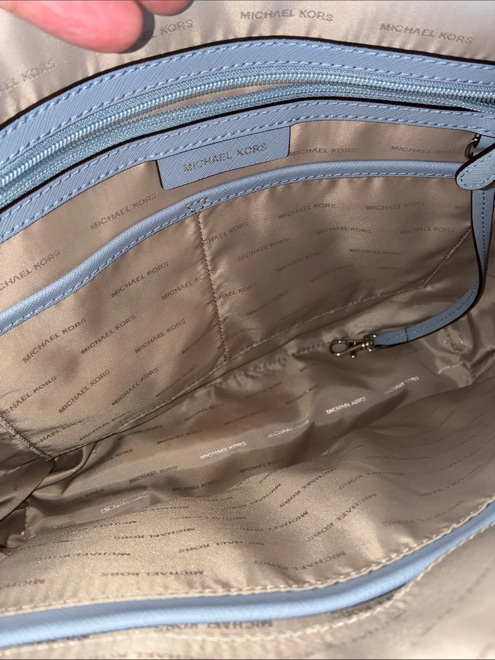 Michael Kors Powder Blue Saffiano Carry All Leather Tote, MK Charm, dust bag euc